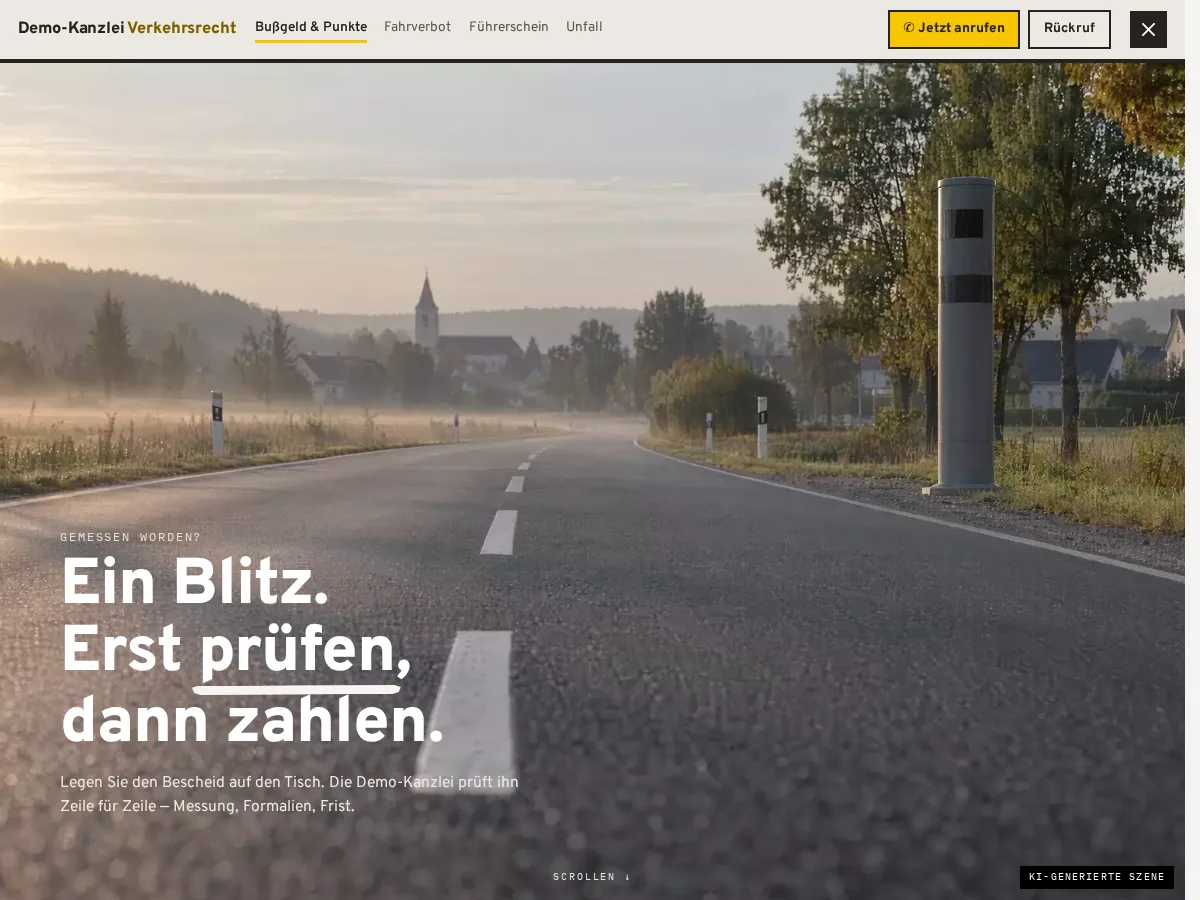 Vorschau der Demo-Kanzlei für Verkehrsrecht: Startbild mit Blitzersäule und der Überschrift „Ein Blitz. Erst prüfen, dann zahlen.
