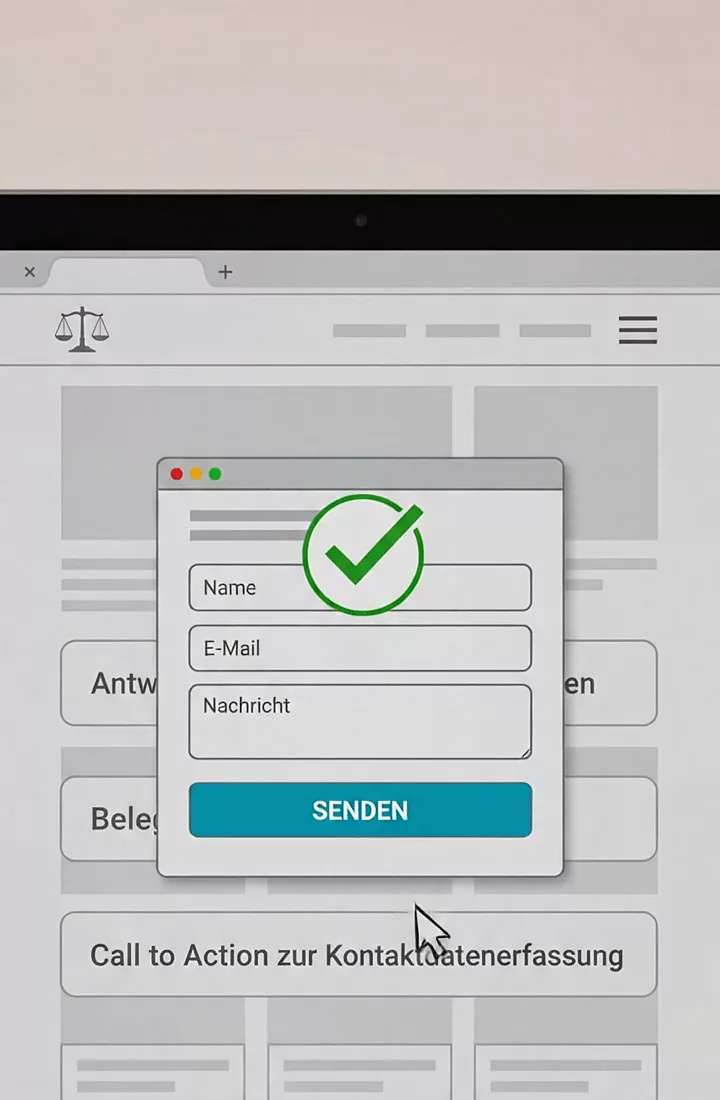 Beispiel-Illustration (KI-generiert): Kontaktformular einer Kanzlei-Website mit gesendeter Anfrage und grünem Bestätigungshaken